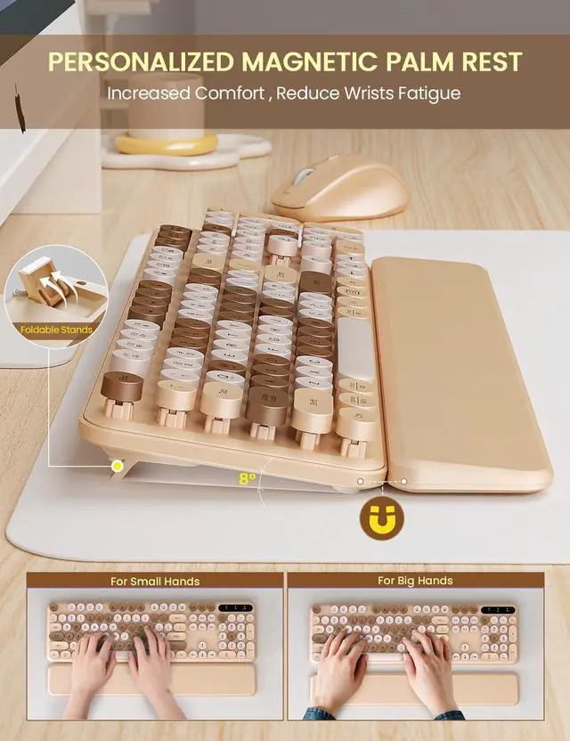 Alt view image 3 of 5 - Wireless Keyboard and Mouse Combo - Cute Typewriter Keyboard with Detachable Wrist Rest, Retro Round Keycaps, Foldable Legs, 2.4GHz Full-Size Keyboard for PC, Laptop, Mac, Windows - Trueque (Latte)