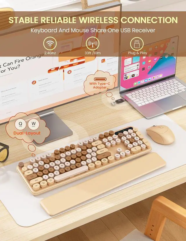 Alt view image 4 of 5 - Wireless Keyboard and Mouse Combo - Cute Typewriter Keyboard with Detachable Wrist Rest, Retro Round Keycaps, Foldable Legs, 2.4GHz Full-Size Keyboard for PC, Laptop, Mac, Windows - Trueque (Latte)