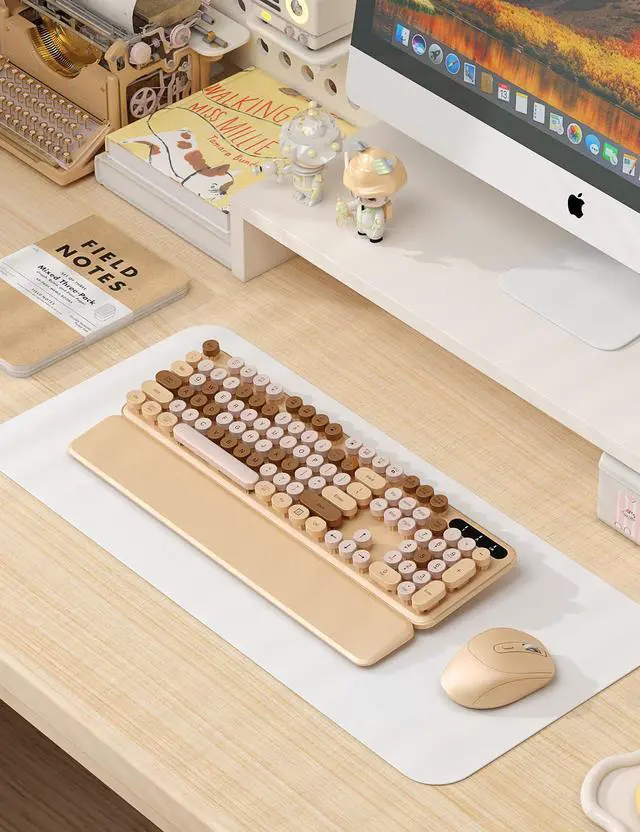 Alt view image 2 of 5 - Wireless Keyboard and Mouse Combo - Cute Typewriter Keyboard with Detachable Wrist Rest, Retro Round Keycaps, Foldable Legs, 2.4GHz Full-Size Keyboard for PC, Laptop, Mac, Windows - Trueque (Latte)