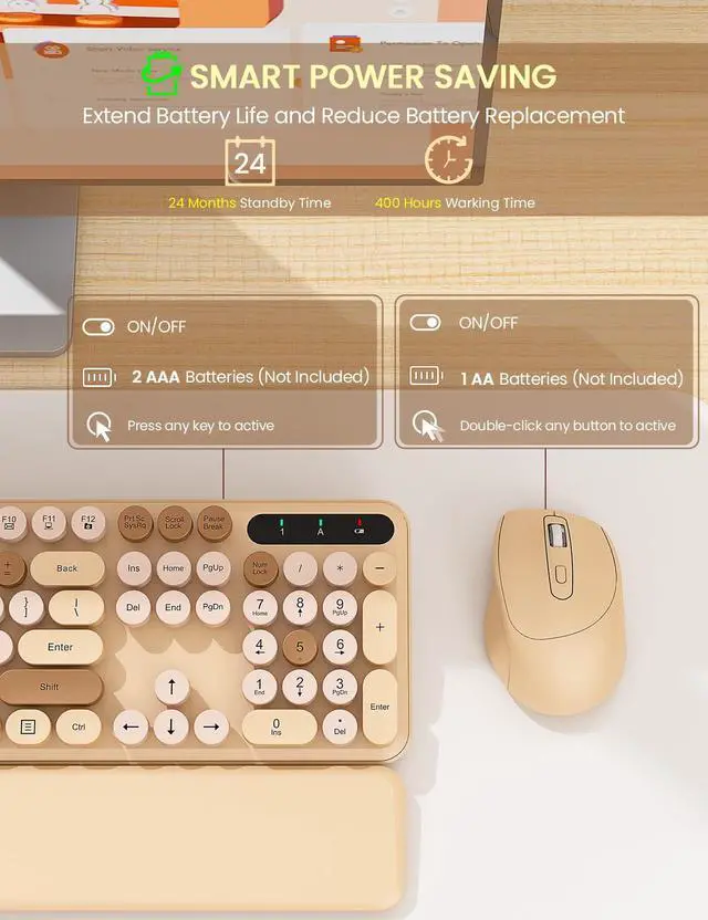 Alt view image 5 of 5 - Wireless Keyboard and Mouse Combo - Cute Typewriter Keyboard with Detachable Wrist Rest, Retro Round Keycaps, Foldable Legs, 2.4GHz Full-Size Keyboard for PC, Laptop, Mac, Windows - Trueque (Latte)