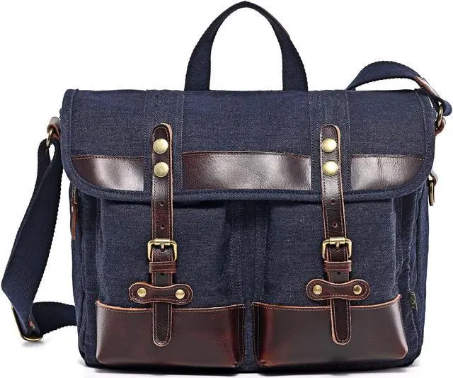 Main image of TSD Brand Valley Trail Canvas Messenger Bag Crossbody Vintage Satchel Bag, Water Resistant Canvas Briefcase Computer Bag Shoulder Bag for College Travel Business Women Men(Denim Blue)