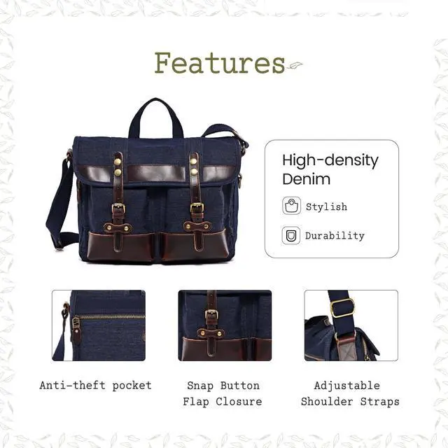 Alt view image 4 of 5 - TSD Brand Valley Trail Canvas Messenger Bag Crossbody Vintage Satchel Bag, Water Resistant Canvas Briefcase Computer Bag Shoulder Bag for College Travel Business Women Men(Denim Blue)