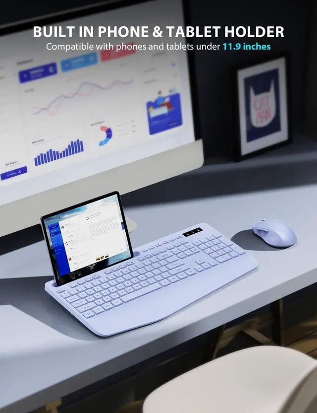 Alt view image 3 of 5 - Wireless Keyboard and Mouse Combo - Full-Sized Ergonomic Keyboard with Wrist Rest, Phone Holder, Sleep Mode, Silent 2.4GHz Cordless Keyboard Mouse Combo for Laptop, Computer, PC, Mac, Windows -Trueque