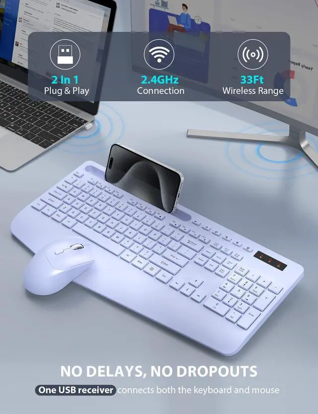Alt view image 4 of 5 - Wireless Keyboard and Mouse Combo - Full-Sized Ergonomic Keyboard with Wrist Rest, Phone Holder, Sleep Mode, Silent 2.4GHz Cordless Keyboard Mouse Combo for Laptop, Computer, PC, Mac, Windows -Trueque