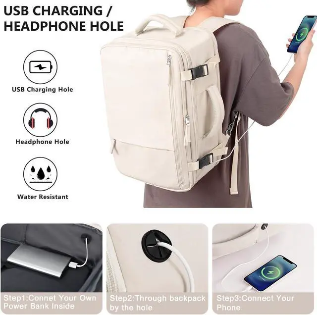 Alt view image 5 of 5 - Snoffic Travel Backpack for Women, Large Carry On Backpack for Travel, Waterproof Backpack Personal Item, Backpack for Women, laptop backpack 17.3 inch, College Bag Casual Daypack, Beige