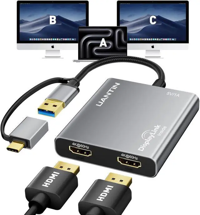 Main image of UANTIN USB C to HDMI Adapter for Mac M1/M2/M3, 4K@60Hz DisplayLink (DL6950) Adapter for Dual Monitor, HDMI Splitter Extended Display Adapter for MacBook Air/Pro, Laptop, Driver Required