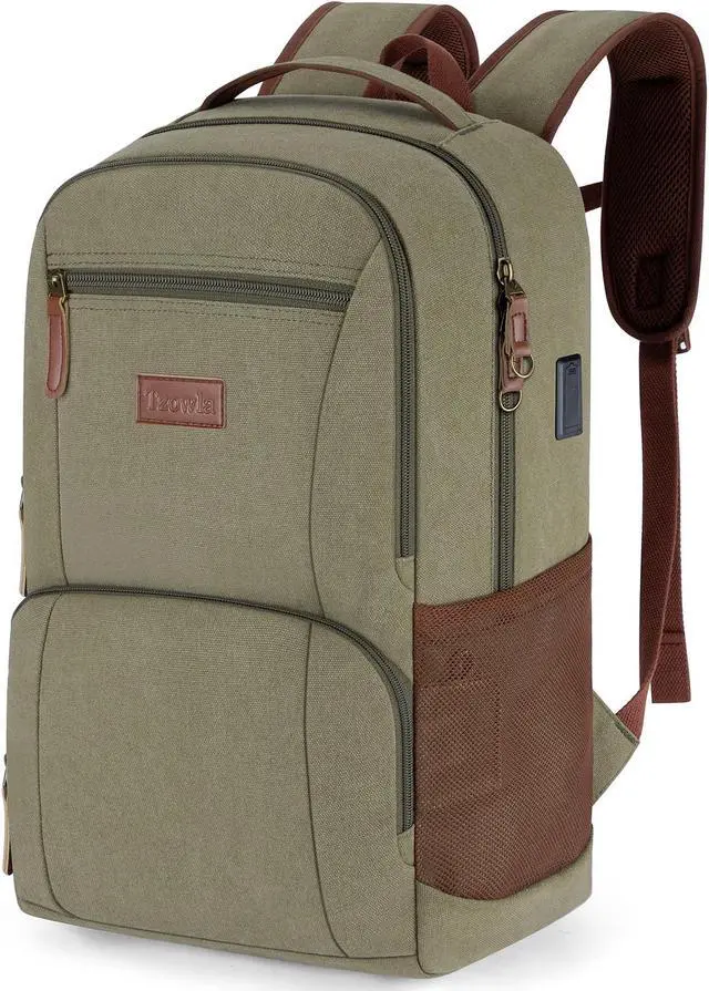 Main image of Tzowla Canvas Laptop College Backpack for Men and Women,Travel Work Vintage Rucksack with USB/Type-C Charging Port,Lightweight Hiking Casual Daypack Backpacks fit 15.6 inch Notebook,Green