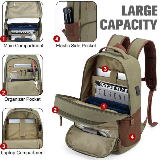 Alt view image 2 of 5 - Tzowla Canvas Laptop College Backpack for Men and Women,Travel Work Vintage Rucksack with USB/Type-C Charging Port,Lightweight Hiking Casual Daypack Backpacks fit 15.6 inch Notebook,Green