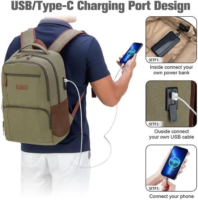 Alt view image 3 of 5 - Tzowla Canvas Laptop College Backpack for Men and Women,Travel Work Vintage Rucksack with USB/Type-C Charging Port,Lightweight Hiking Casual Daypack Backpacks fit 15.6 inch Notebook,Green