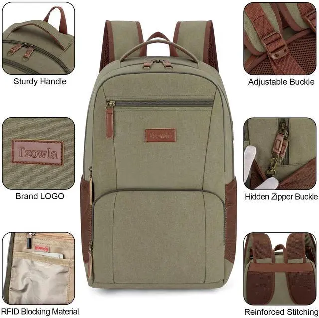 Alt view image 4 of 5 - Tzowla Canvas Laptop College Backpack for Men and Women,Travel Work Vintage Rucksack with USB/Type-C Charging Port,Lightweight Hiking Casual Daypack Backpacks fit 15.6 inch Notebook,Green
