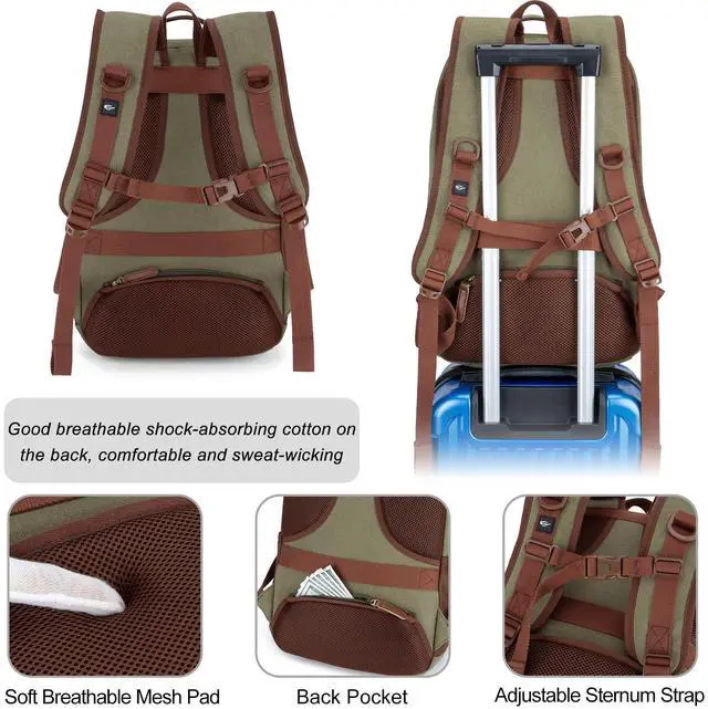 Alt view image 5 of 5 - Tzowla Canvas Laptop College Backpack for Men and Women,Travel Work Vintage Rucksack with USB/Type-C Charging Port,Lightweight Hiking Casual Daypack Backpacks fit 15.6 inch Notebook,Green