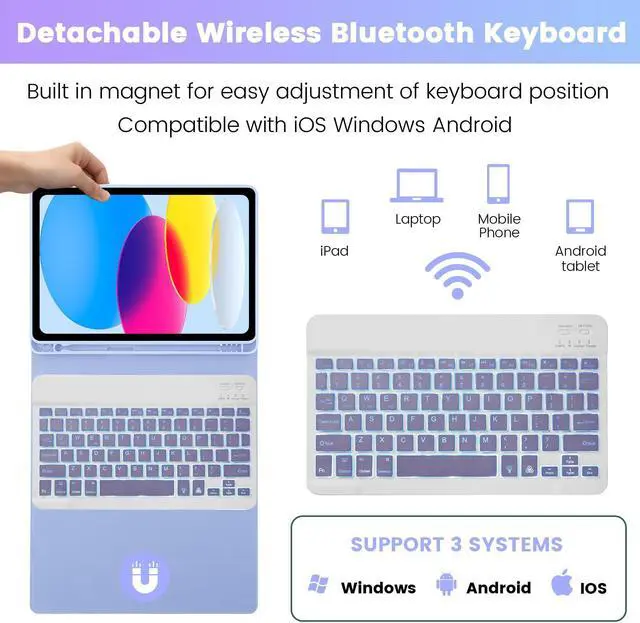 Alt view image 3 of 5 - SOPPY iPad 10th Generation Case with 7 Color Backlit Keyboard for iPad 10th Gen 10.9" 2022 (A2696/A2757/A2777), Detachable Wireless Keyboard with Pencil Holder, Slim Keyboard Case, Purple