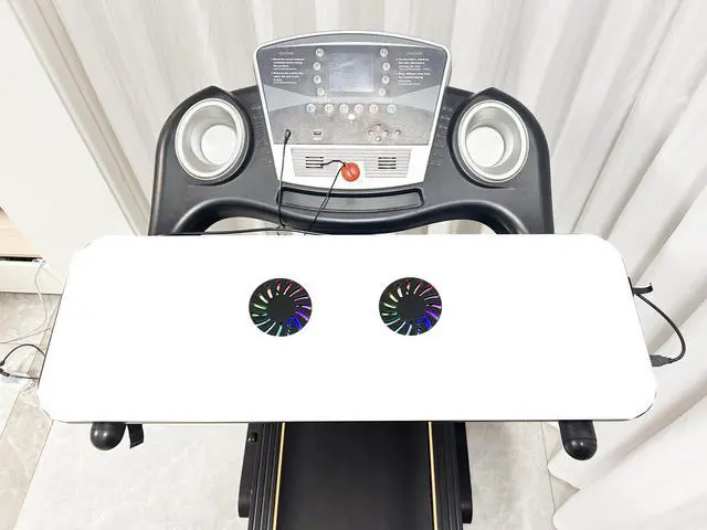 Main image of Bamboo Universal Treadmill Cooling Desk,Quiet Cooling Fan with Colored Lights,Ergonomic Platform for Notebooks,Tablets,Laptops,and More,Workstation for Treadmill Handlebars up to 31 inches White