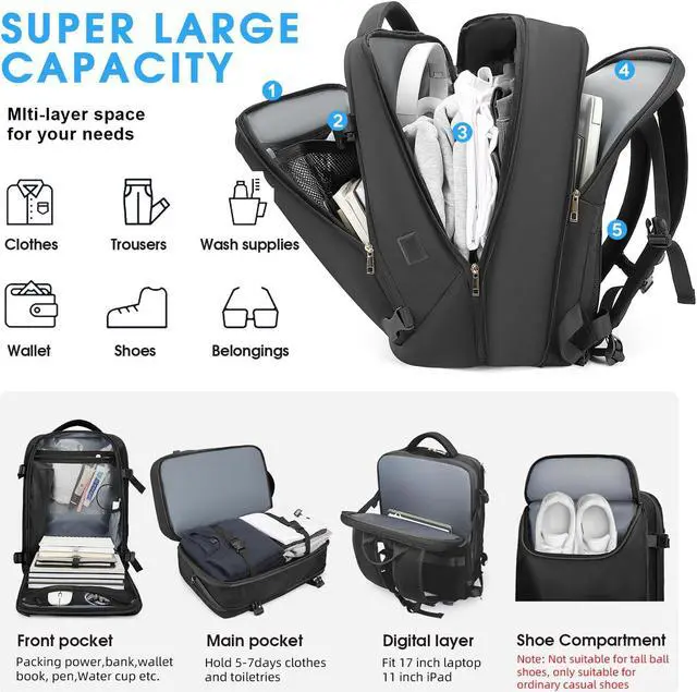 Alt view image 2 of 5 - TANGCORLE 50L Extra Large Airline Approved Travel Backpack for Men Women, Water Resistant Expandable 17.3 Inch Laptop Backpack with USB Charging Port, Black
