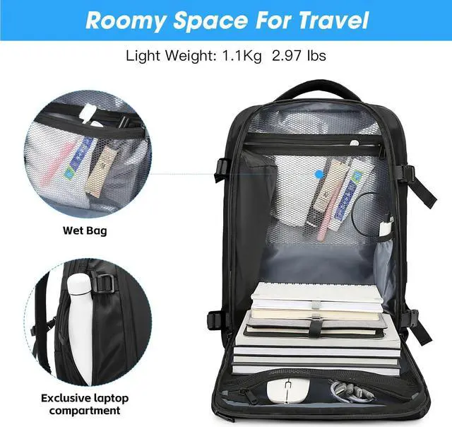 Alt view image 5 of 5 - TANGCORLE 50L Extra Large Airline Approved Travel Backpack for Men Women, Water Resistant Expandable 17.3 Inch Laptop Backpack with USB Charging Port, Black