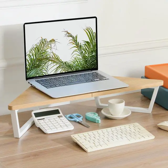 Alt view image 2 of 5 - TEAMIX 26 inch Triangle Monitor Stand Riser, Desktop Corner Stand with Metal Leg Wood Computer Stand with Storage Laptop Riser Office Organization (Maple)