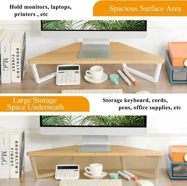 Alt view image 3 of 5 - TEAMIX 26 inch Triangle Monitor Stand Riser, Desktop Corner Stand with Metal Leg Wood Computer Stand with Storage Laptop Riser Office Organization (Maple)