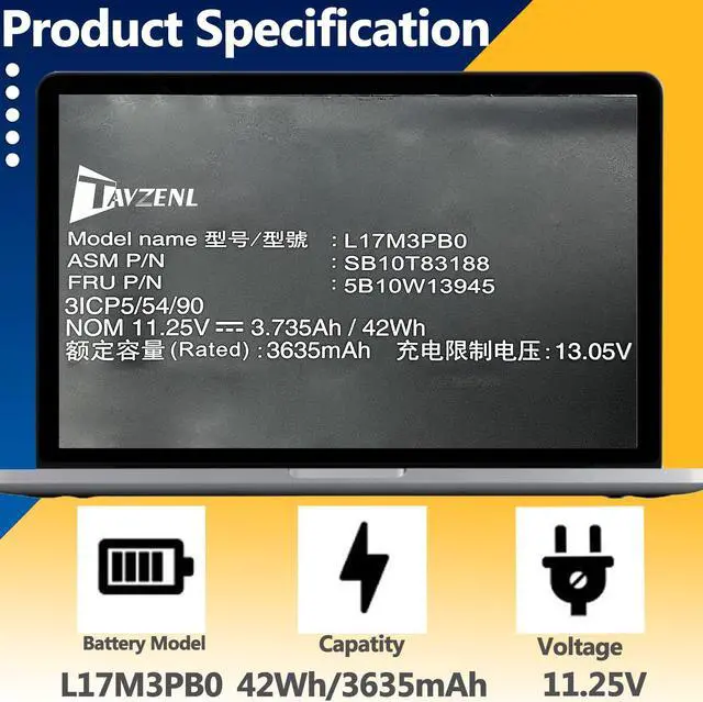 Alt view image 2 of 5 - TAVZENL L17M3PB0 42Wh Battery Replacement for Lenovo Chromebook 100E 300E 2nd Gen Series L17L3PB0 L17C3PG0 L18D3PG1 11.25V 3635