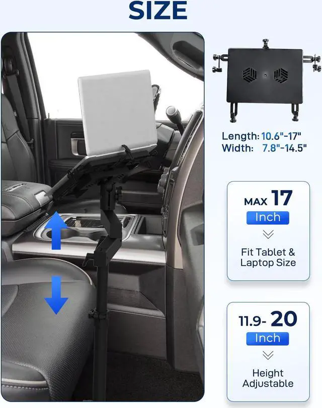 Alt view image 3 of 5 - SPIRRELAB Truck Laptop Mount Fit for 2012-2025 Dodge Ram 1500 2500 3500 4500 5500, No-Drill Vehicle Computer Mount for Truck