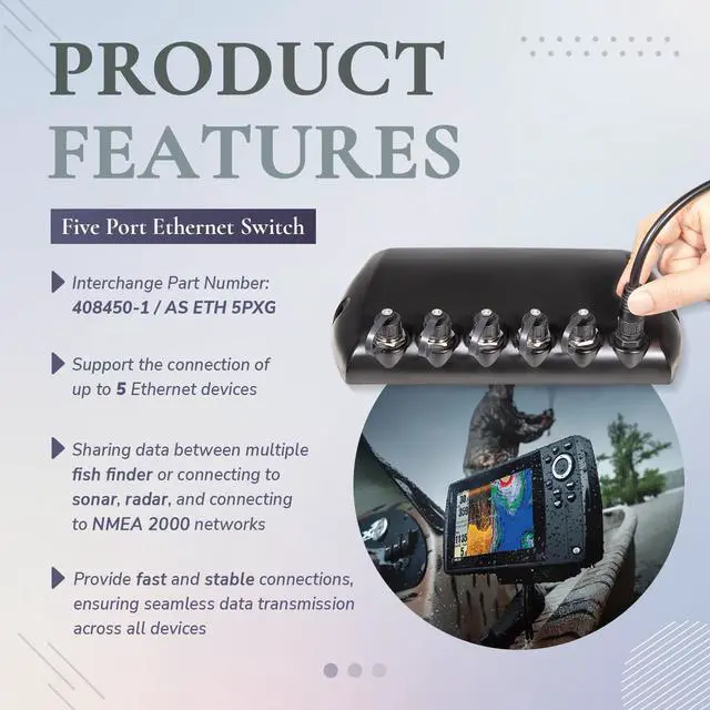 Alt view image 3 of 5 - 408450-1 5 Port Ethernet Switch, Replace for Humminbird AS ETH 5PXG Marine Network Switch, Fit for Helix 15/12/10/9/8/7, for APEX, SOLIX, Onix, ION, for Helix G4N, G3N, Black