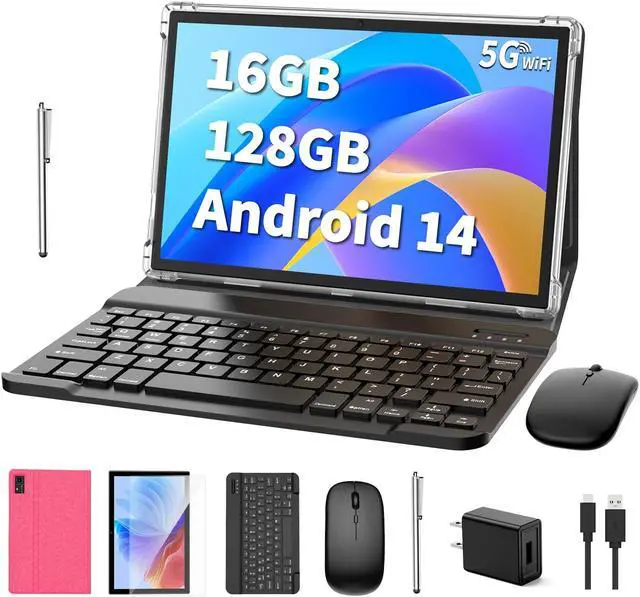 Main image of Android 14 Tablet, 10 inch Tablet with Keyboard, 16GB+128GB, 1TB Expand, Octa-Core, 2.4G/5G WiFi, 8000mAh, BT V5.0, GMS Certified, IPS Touch Screen, GPS, with Case, Mouse, Stylus(Pink)