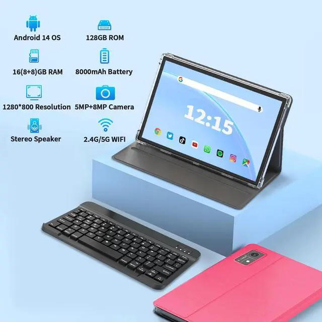Alt view image 2 of 5 - Android 14 Tablet, 10 inch Tablet with Keyboard, 16GB+128GB, 1TB Expand, Octa-Core, 2.4G/5G WiFi, 8000mAh, BT V5.0, GMS Certified, IPS Touch Screen, GPS, with Case, Mouse, Stylus(Pink)