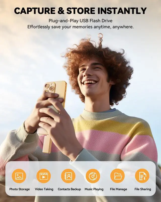 Alt view image 4 of 5 - MFi Certified 256GB Flash Drive for iPhone iPad, Photo Stick for External Memory Storage, Easily Back Up and Save Files, USB Memory Stick Thumb Drive for iPhone/iPad/Android/PC (Gold, 256GB)