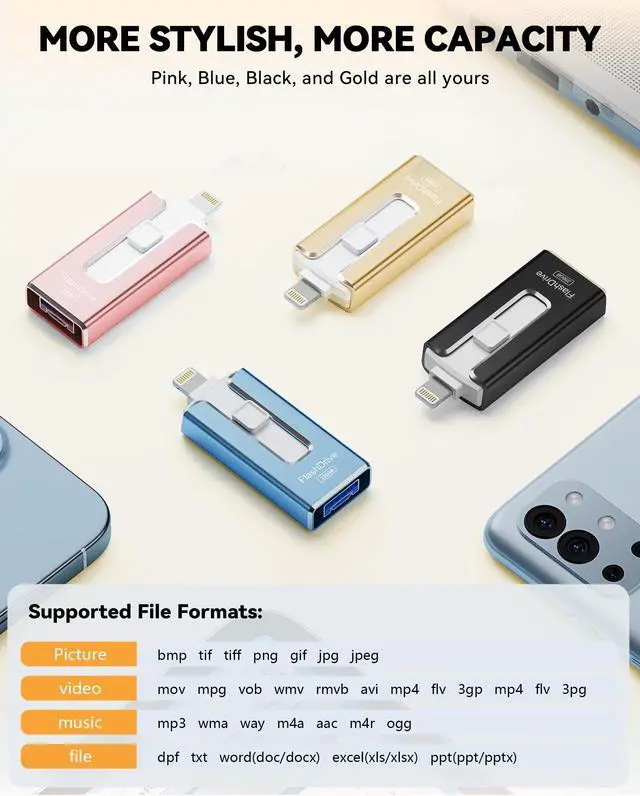 Alt view image 5 of 5 - MFi Certified 256GB Flash Drive for iPhone iPad, Photo Stick for External Memory Storage, Easily Back Up and Save Files, USB Memory Stick Thumb Drive for iPhone/iPad/Android/PC (Gold, 256GB)