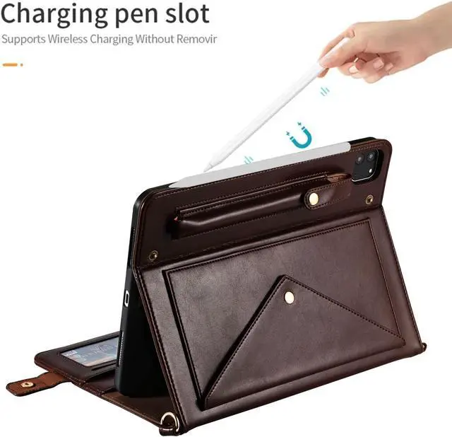 Alt view image 3 of 5 - Handbag Case for iPad Pro 13-inch M4 2024 7th Gen, Techcircle PU Leather Folio Stand iPad Crossbody Wallet Case with Pencil Holder, Hand Strap & Shoulder Strap, Dark Brown