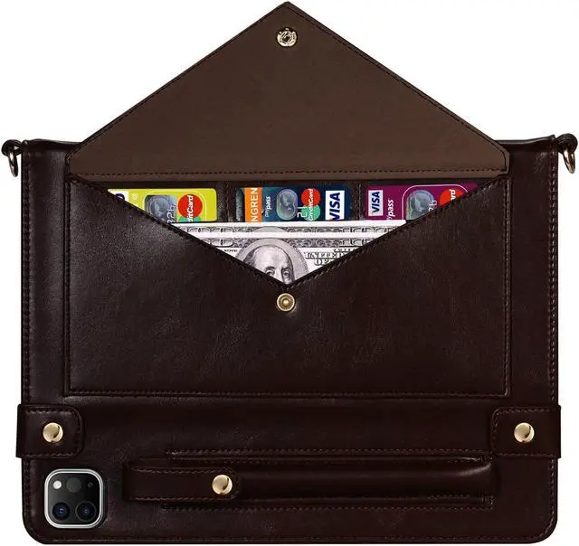 Alt view image 4 of 5 - Handbag Case for iPad Pro 13-inch M4 2024 7th Gen, Techcircle PU Leather Folio Stand iPad Crossbody Wallet Case with Pencil Holder, Hand Strap & Shoulder Strap, Dark Brown