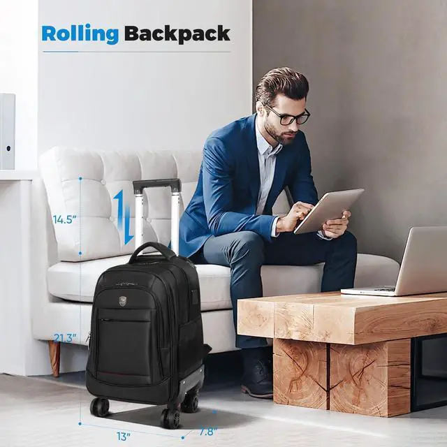 Alt view image 2 of 5 - 360deg rotating Water Resistant Rolling Backpack with 4 Removable Wheels for Adults,Airline Approved Carry on Luggage Fit 15.6 Inch Laptop Travel Backpack with USB Charging Port