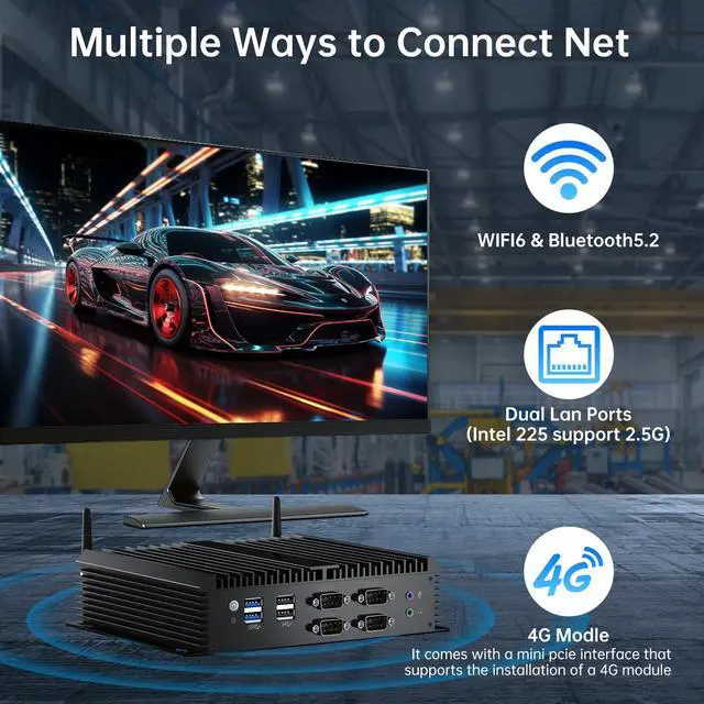 Alt view image 4 of 5 - Thdeukoty Fanless Mini PC, Industrial Desktop Computers Windows 11 Pro, HTPC i5-8250U up to 3.4Ghz, 16G DDR4 RAM 256G SSD/COM/USB 3.0/4K/HDMI/VGA/2.5G LAN/WIFI6/BT 5.1/Full Metal Case/Auto Power On
