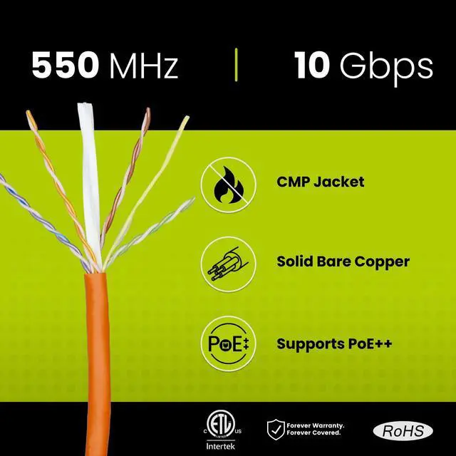 Alt view image 2 of 5 - trueCABLE Cat6 Plenum (CMP), 1000ft, Orange, 23AWG 4 Pair Solid Bare Copper, 550MHz, PoE++ (4PPoE), ETL Listed, Unshielded Twisted Pair (UTP), Bulk Ethernet Cable
