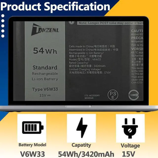 Alt view image 2 of 5 - TAVZENL V6W33 54Wh Battery Replacement for Dell Inspiron 3510 3511 3515 5310 5410 5418 5510 5515 5518 5625 5630 5635 Vostro 3515 3525 5620 5625 Latitude 3320 3330 3420 3520 Series 15V 3420