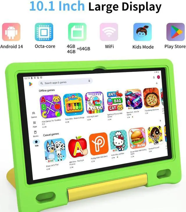 Alt view image 2 of 5 - VNEIMQN Kids Tablet, 10.1 Inch Tablet for Kids, Android 14, 64GB, Octa-Core CPU, WiFi, Big Battery, Kids Conten, Parental Control, HD Display Children Age 3-12, Bluetooth, Green Shockproof Case