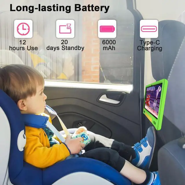Alt view image 4 of 5 - VNEIMQN Kids Tablet, 10.1 Inch Tablet for Kids, Android 14, 64GB, Octa-Core CPU, WiFi, Big Battery, Kids Conten, Parental Control, HD Display Children Age 3-12, Bluetooth, Green Shockproof Case