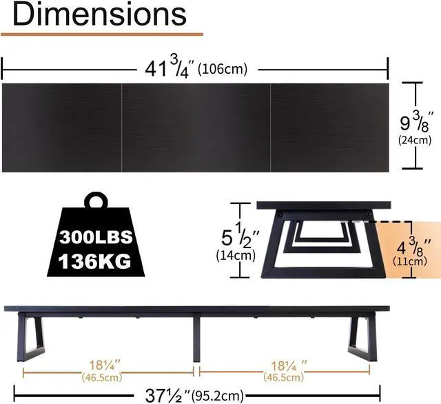 Alt view image 5 of 5 - TEAMIX Black 42 inch Dual Monitor Riser,Wood and Steel Long Monitor Stand for 2 Monitors with Storage Large TV Riser Computer Laptop Stand for Desk Office Organization