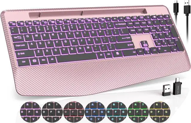 Main image of Wireless Keyboard with 7 Colored Backlits, Wrist Rest, Phone Holder, Rechargeable Ergonomic Computer Keyboard with Silent Key, Full Size Lighted Keyboard for Windows, Mac, PC, Laptop (Rose gold)
