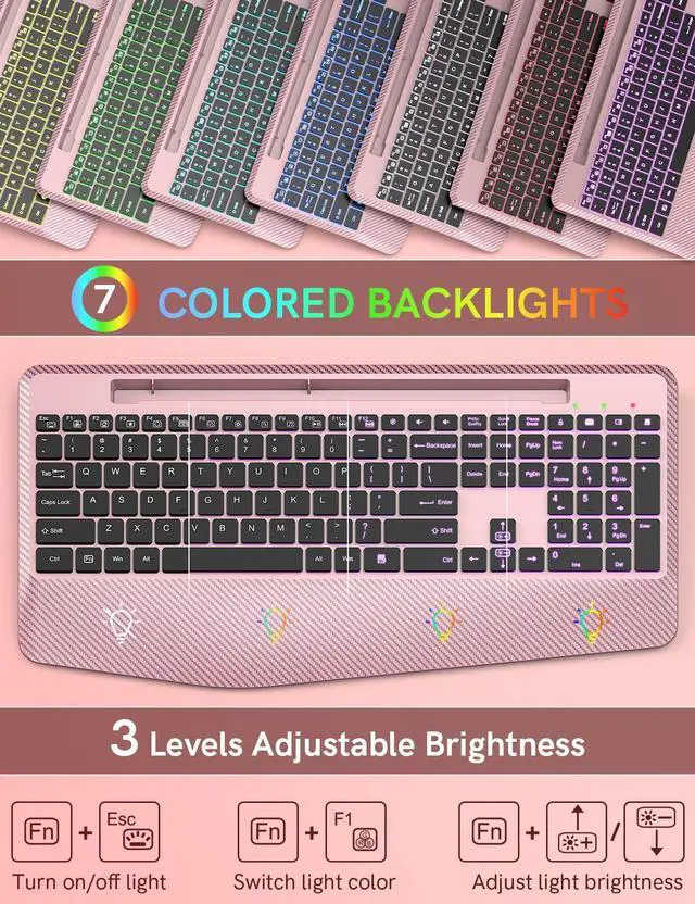 Alt view image 2 of 5 - Wireless Keyboard with 7 Colored Backlits, Wrist Rest, Phone Holder, Rechargeable Ergonomic Computer Keyboard with Silent Key, Full Size Lighted Keyboard for Windows, Mac, PC, Laptop (Rose gold)