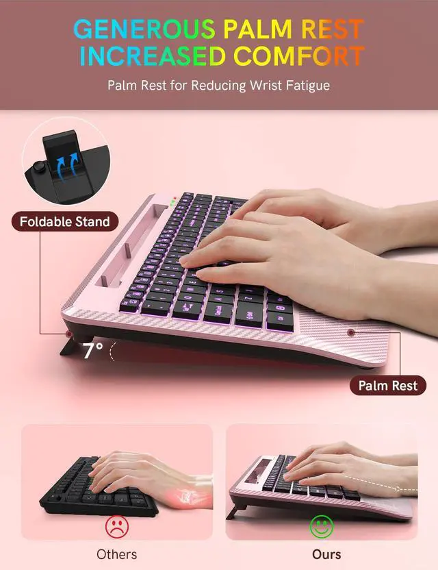 Alt view image 3 of 5 - Wireless Keyboard with 7 Colored Backlits, Wrist Rest, Phone Holder, Rechargeable Ergonomic Computer Keyboard with Silent Key, Full Size Lighted Keyboard for Windows, Mac, PC, Laptop (Rose gold)