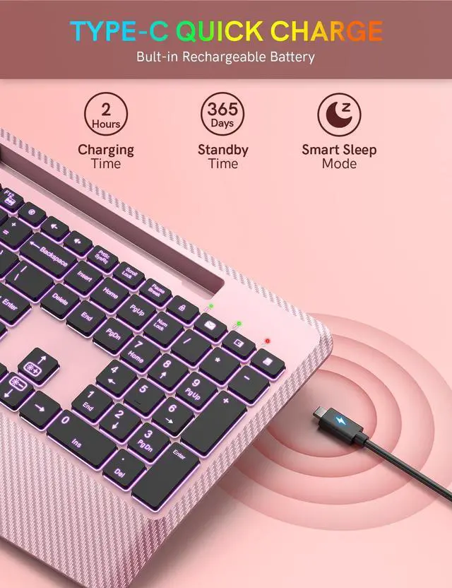 Alt view image 4 of 5 - Wireless Keyboard with 7 Colored Backlits, Wrist Rest, Phone Holder, Rechargeable Ergonomic Computer Keyboard with Silent Key, Full Size Lighted Keyboard for Windows, Mac, PC, Laptop (Rose gold)