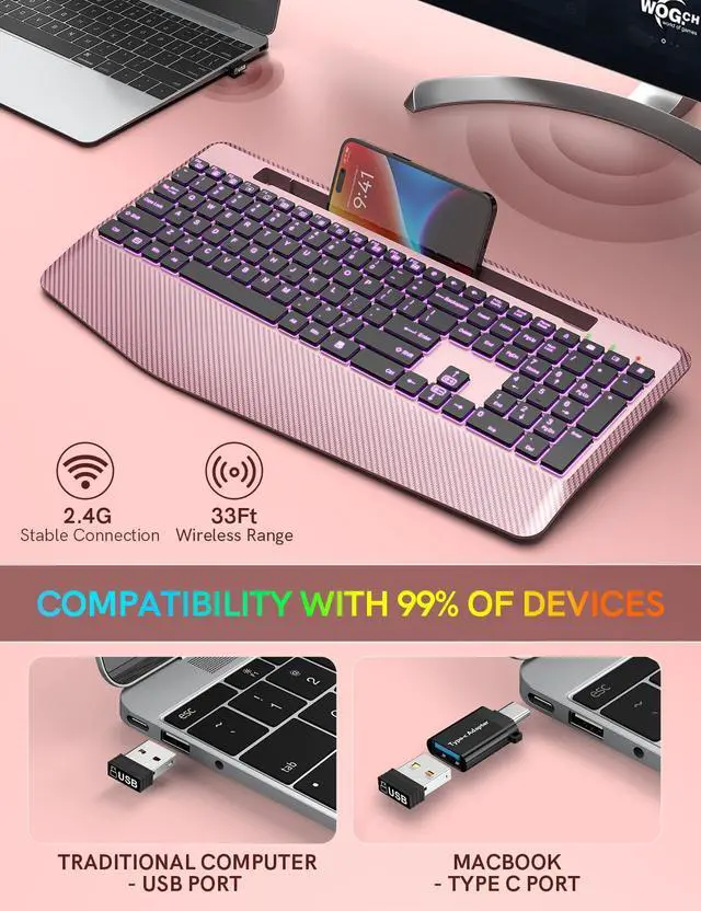Alt view image 5 of 5 - Wireless Keyboard with 7 Colored Backlits, Wrist Rest, Phone Holder, Rechargeable Ergonomic Computer Keyboard with Silent Key, Full Size Lighted Keyboard for Windows, Mac, PC, Laptop (Rose gold)