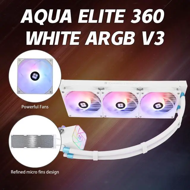 Alt view image 2 of 4 - Thermalrlght Aqua Elite 360 White V3 Aio CPU Cooler, 360 Liquid Cooling Row, ARGB PWM Cooler Fans, for Intel LGA1150/1151/1155/1156/1200/2011/1700, AMD: AM4/AM5, Aio PC Cooler