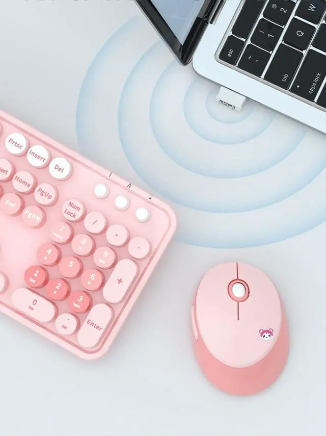 Alt view image 4 of 5 - 2.4G USB Wireless Keyboard and Mouse Combo, Multi-Color Typewriter Style Round Keycap, Cute Candy Colors, Compatible with Notebook, PC (Pink-B)