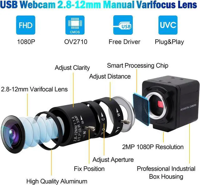 Alt view image 4 of 5 - 1080P USB Camera with Zoom 2.8-12mm Webcam Variable Focus PC Camera High Speed Mini UVC USB2.0 USB with Camera for Computer Industrial Video Close-up Camera 100fps 60fps Varifocal Lens Web Camera
