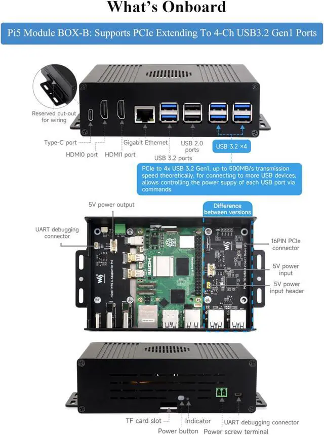 Alt view image 4 of 5 - UeeKKoo Mini PC Case for Raspberry Pi 5, Dual 4K HDMI Output, PCIe to 4-CH USB 3.2 Adapter, Aluminum Alloy Case with PCIe Extending to 4-CH USB3.2 Gen1 Ports (10 Items)
