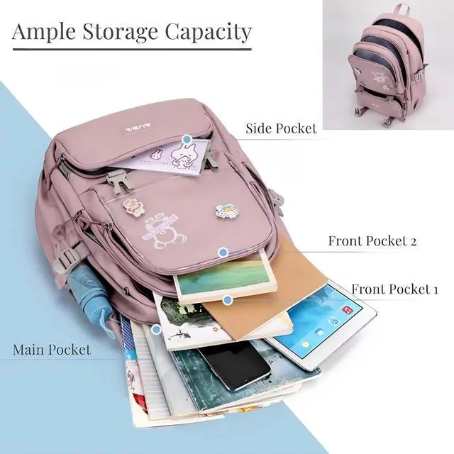 Alt view image 3 of 5 - ULPOCMU Cute School Laptop Backpack with Large Capacity Multiple Pockets for Girls Travel Friendly with Luggage Strap Accessory Included (Black)