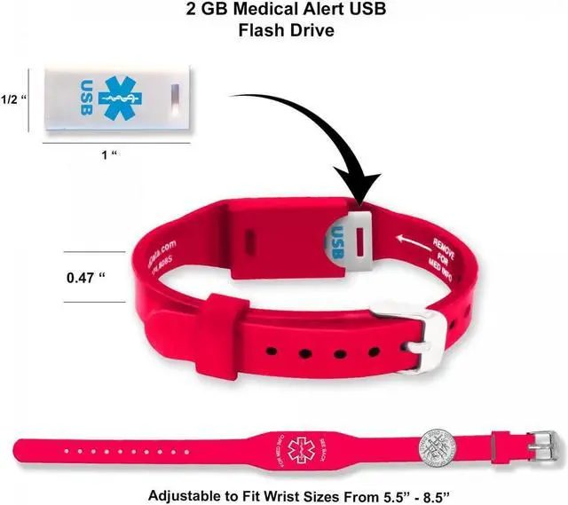 Alt view image 2 of 5 - Elite II USB Medical Alert Bracelet - Hypoallergenic Silicone Wristband w/ 2GB Waterproof Flash Drive, Engraved ID Plate, and Emergency Medical Card - Access to Personal Health Record Portal, Red