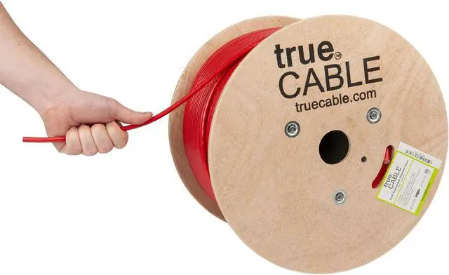 Main image of trueCABLE Cat6A Shielded Riser (CMR), 1000ft, Red, 23AWG Solid Bare Copper, 750MHz, PoE++ (4PPoE), ETL Listed, Overall Aluminum Foil Shield (F/UTP), Bulk Ethernet Cable