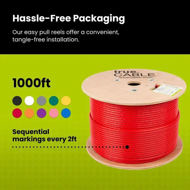 Alt view image 5 of 5 - trueCABLE Cat6A Shielded Riser (CMR), 1000ft, Red, 23AWG Solid Bare Copper, 750MHz, PoE++ (4PPoE), ETL Listed, Overall Aluminum Foil Shield (F/UTP), Bulk Ethernet Cable